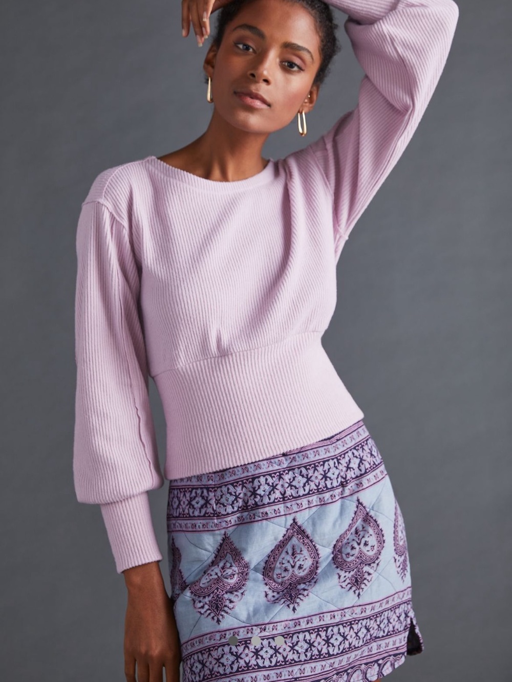 Anthropologie Maeve Lilac Ribbed Knit Balloon-Sleeve Top
